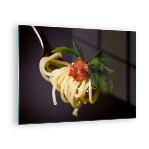 Quadro su vetro - Spaghetti alla forchetta con salsa di pomodoro - 70x50cm - Un boccone delizioso - Decorazione murale moderna per soggiorno e camera da letto ARTTOR