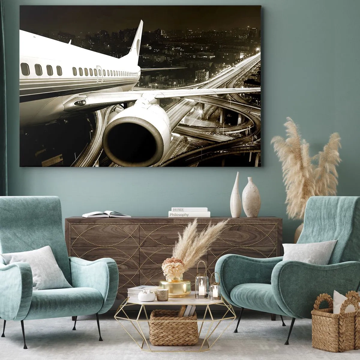Quadro su tela - Stampe su Tela - Un aereo sopra una città notturna con autostrade illuminate - 100x70cm - Volare di notte - Decorazione murale moderna per soggiorno e camera da letto ARTTOR