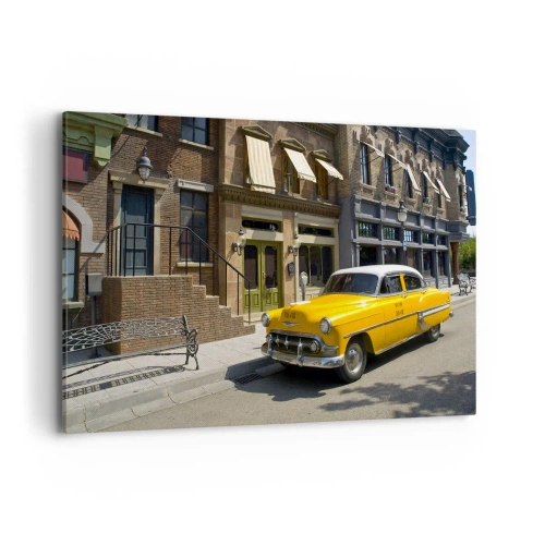 Quadro su tela - Stampe su Tela - Un taxi giallo su una strada fiancheggiata da case popolari - 120x80cm - Tanto tempo fa in America - Decorazione murale moderna per soggiorno e camera da letto ARTTOR