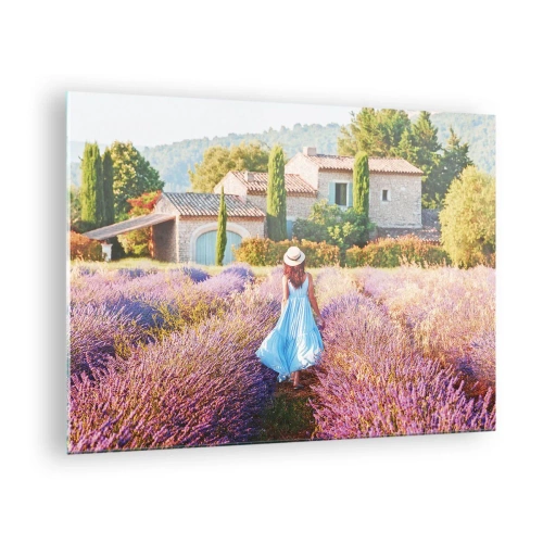 Quadro su vetro - Una donna in abito che cammina attraverso un campo di lavanda - 70x50cm - La ragazza nella lavanda - Decorazione murale moderna per soggiorno e camera da letto ARTTOR