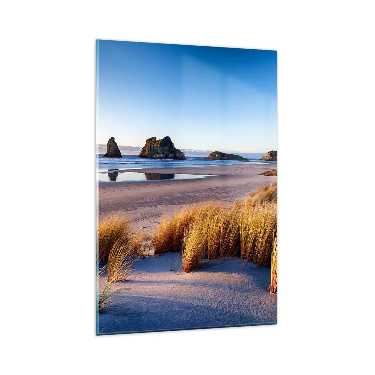 Quadro su vetro - Una spiaggia pittoresca con vista sulle rocce e sul mare al tramonto - 80x120cm - Per i cercatori di pace - Decorazione murale moderna per soggiorno e camera da letto ARTTOR