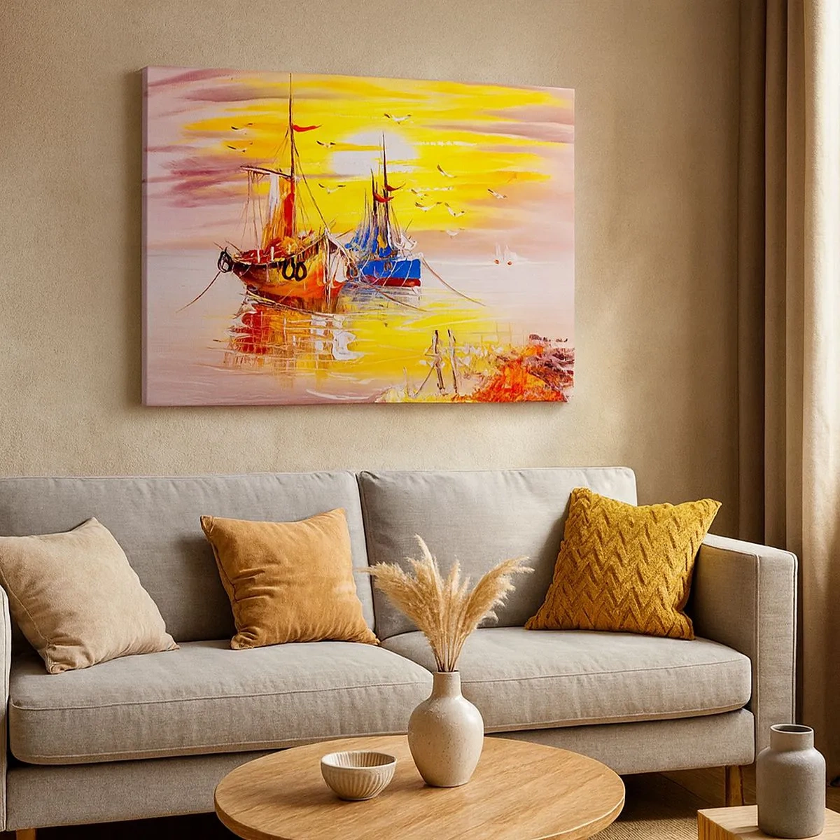 Quadro su tela - Stampe su Tela - Una scena pittorica di barche su un mare calmo - 70x50cm - Meritato riposo nel porto - Decorazione murale moderna per soggiorno e camera da letto ARTTOR