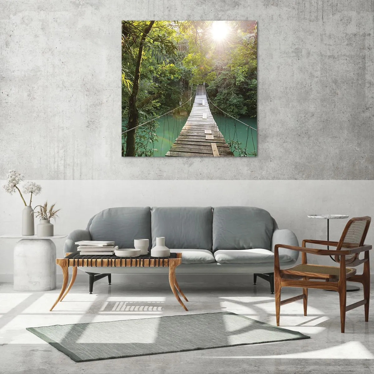 Quadro su vetro - Sull'acqua azzurra verso il bosco azzurro - 50x50 cm