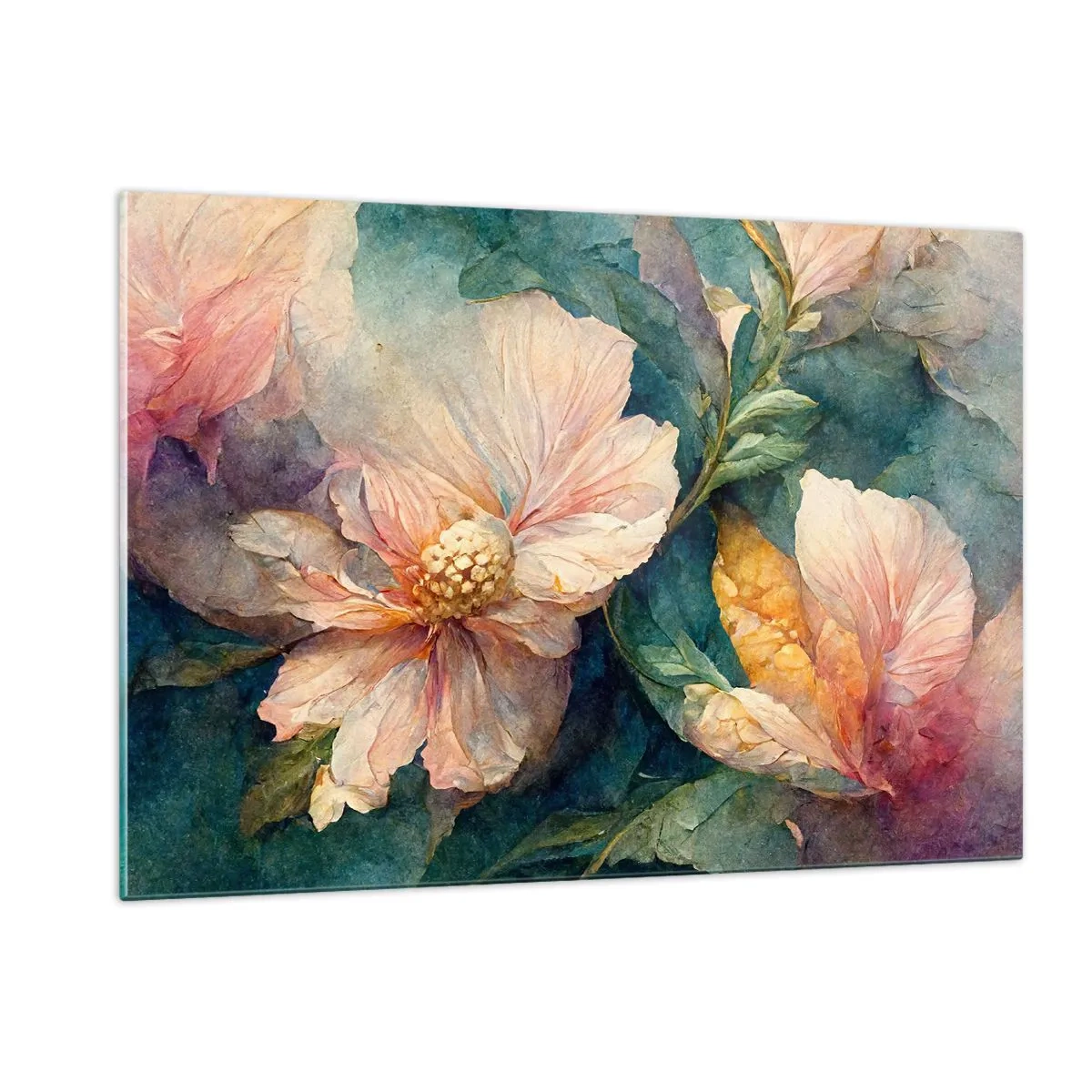 Quadro su vetro - Delicati fiori nei toni pastello dell'acquerello - 120x80cm - Delicatezza pura - Decorazione murale moderna per soggiorno e camera da letto ARTTOR