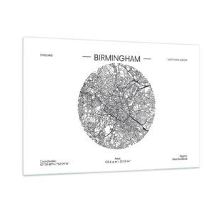 Quadro su vetro - Mappa in bianco e nero di Birmingham in uno stile grafico moderno - 120x80cm - Anatomia di Birmingham - Decorazione murale moderna per soggiorno e camera da letto ARTTOR
