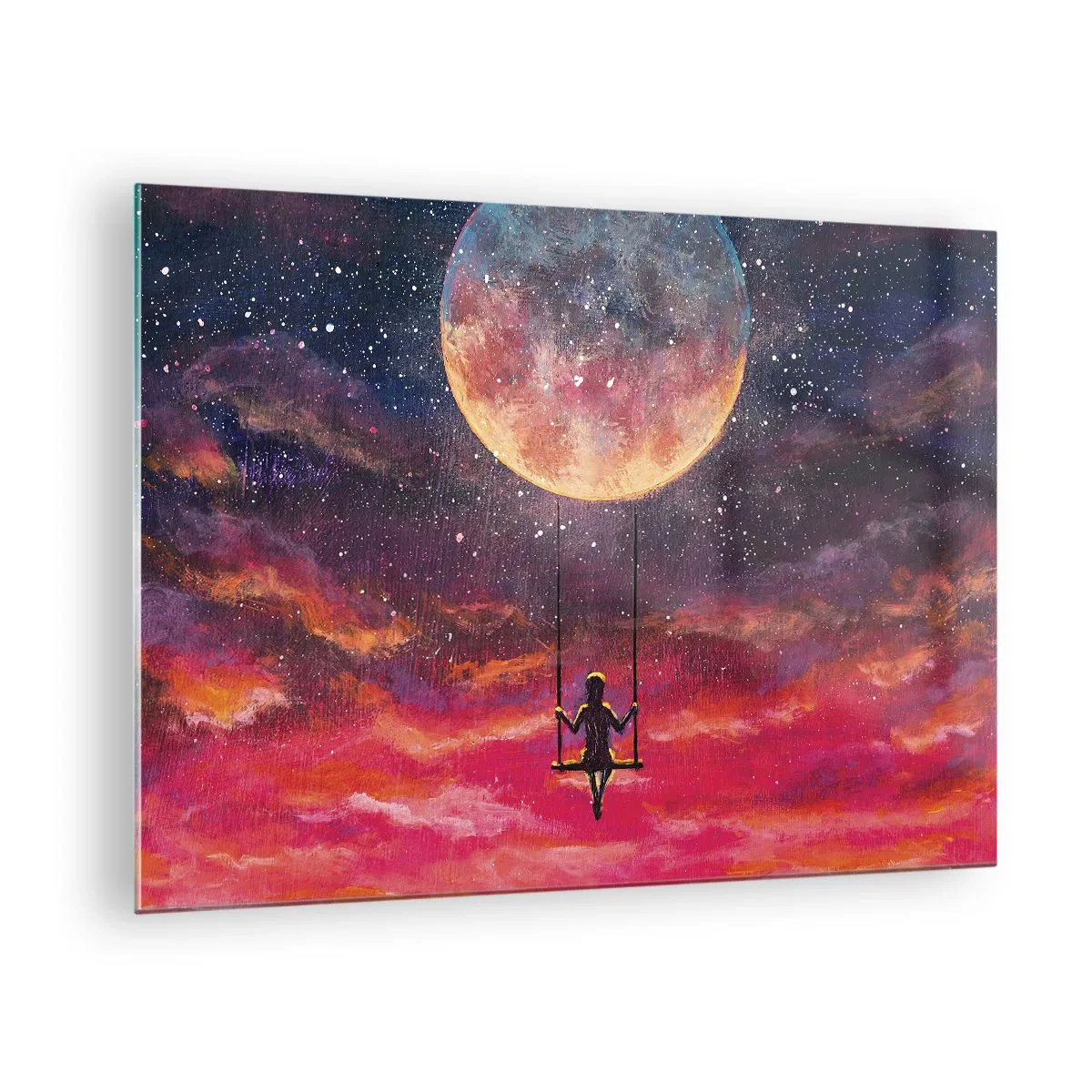 Quadro su vetro - Una ragazza su un'altalena sospesa sotto la luna - 70x50cm - Con la testa tra le nuvole - Decorazione murale moderna per soggiorno e camera da letto ARTTOR