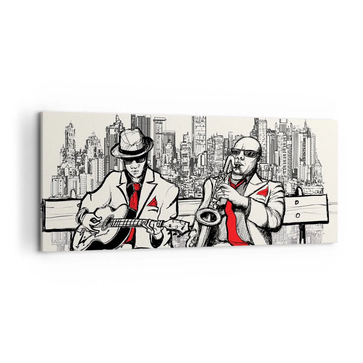 Quadro su tela - Stampe su Tela - Un duo jazz con sassofono e chitarra sullo sfondo della città - 120x50cm - Improvvisare a New York - Decorazione murale moderna per soggiorno e camera da letto ARTTOR
