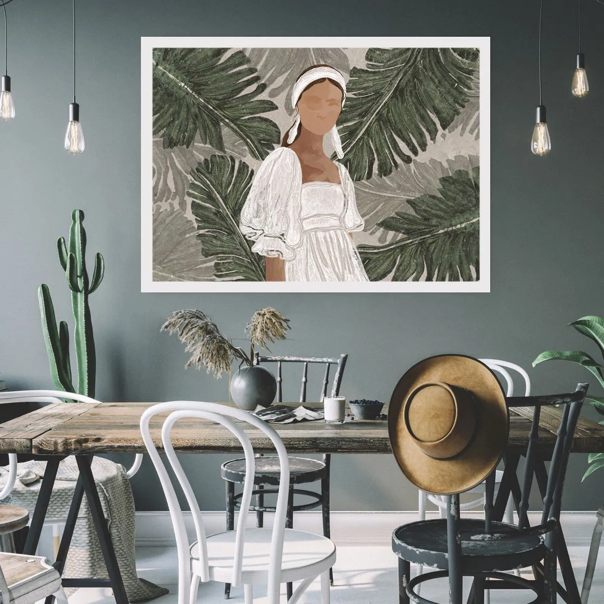 Poster - Ritratto di una donna in abito bianco su uno sfondo di foglie di monstera - 100x70cm - Ritratto esotico - Decorazione murale moderna per soggiorno e camera da letto ARTTOR