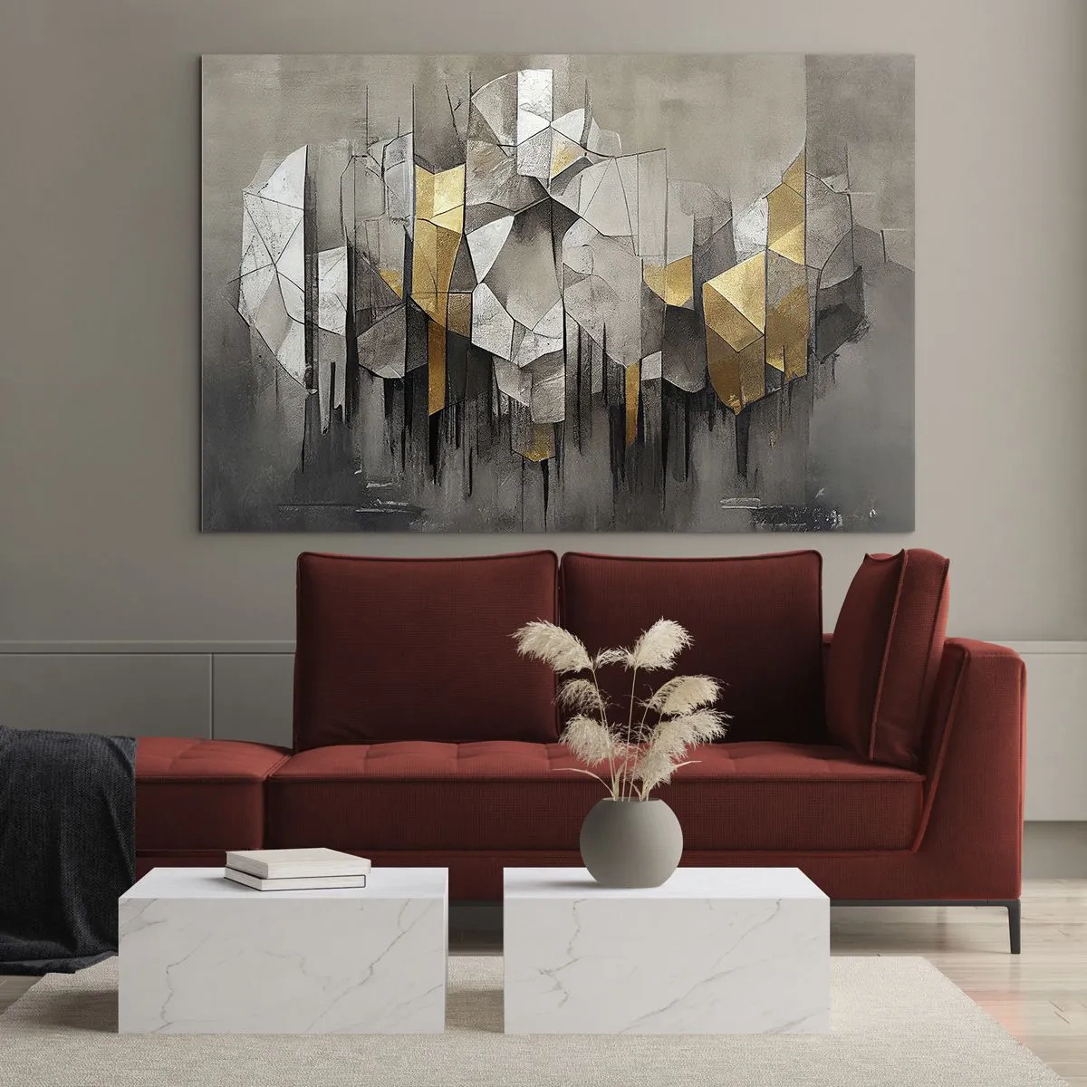 Quadro su vetro - Forme astratte nelle tonalità del grigio, bianco e oro - 100x70cm - Composizione di ghiaccio e luce - Decorazione murale moderna per soggiorno e camera da letto ARTTOR