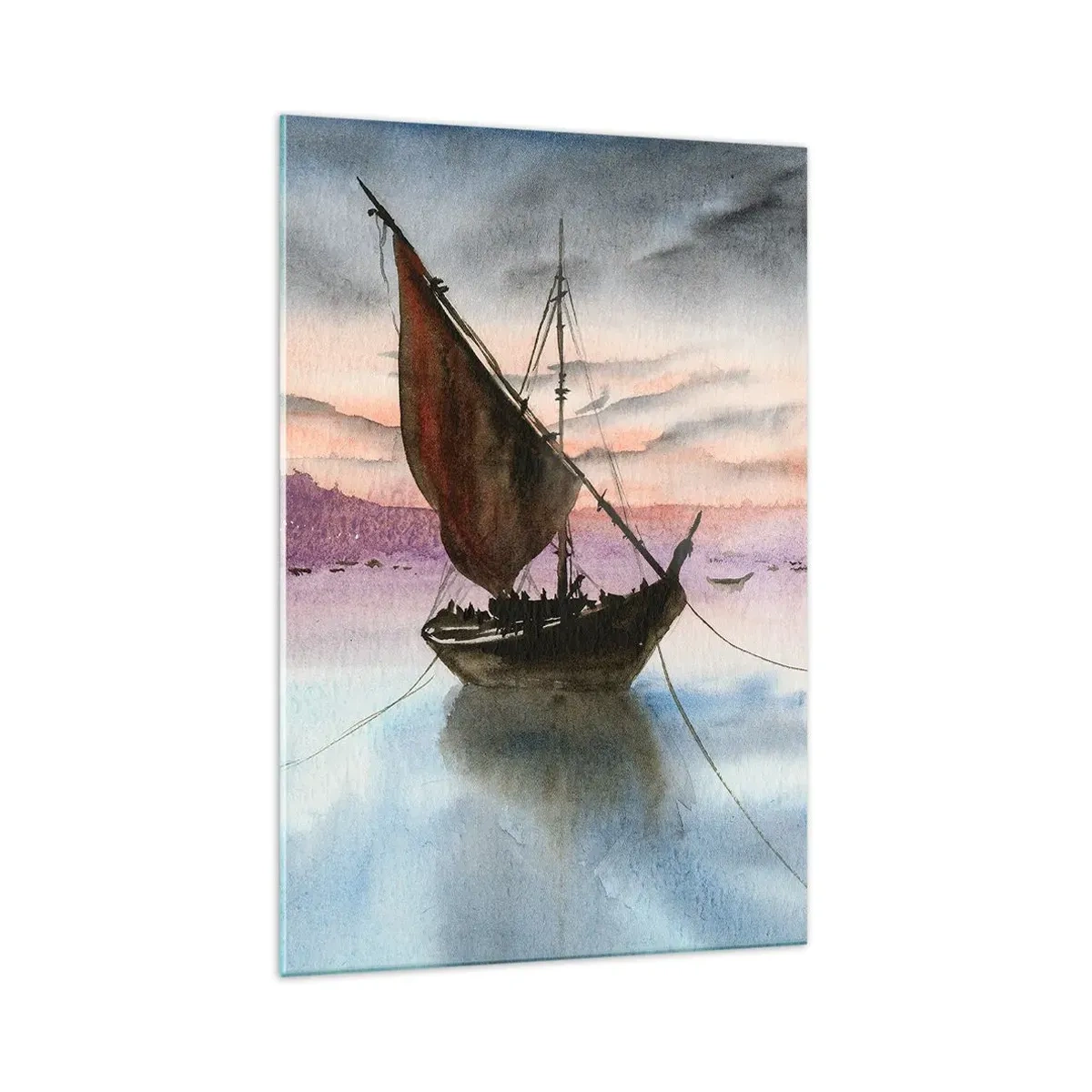 Quadro su vetro - Due velieri ormeggiati in acque calme al tramonto - 70x100cm - La sera nel porto - Decorazione murale moderna per soggiorno e camera da letto ARTTOR