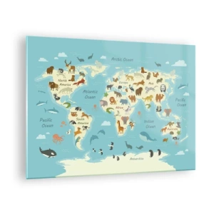 Quadro su vetro - Una mappa del mondo colorata con illustrazioni di animali provenienti da diversi continenti. - 70x50cm - Buoni vicini - Decorazione murale moderna per soggiorno e camera da letto ARTTOR