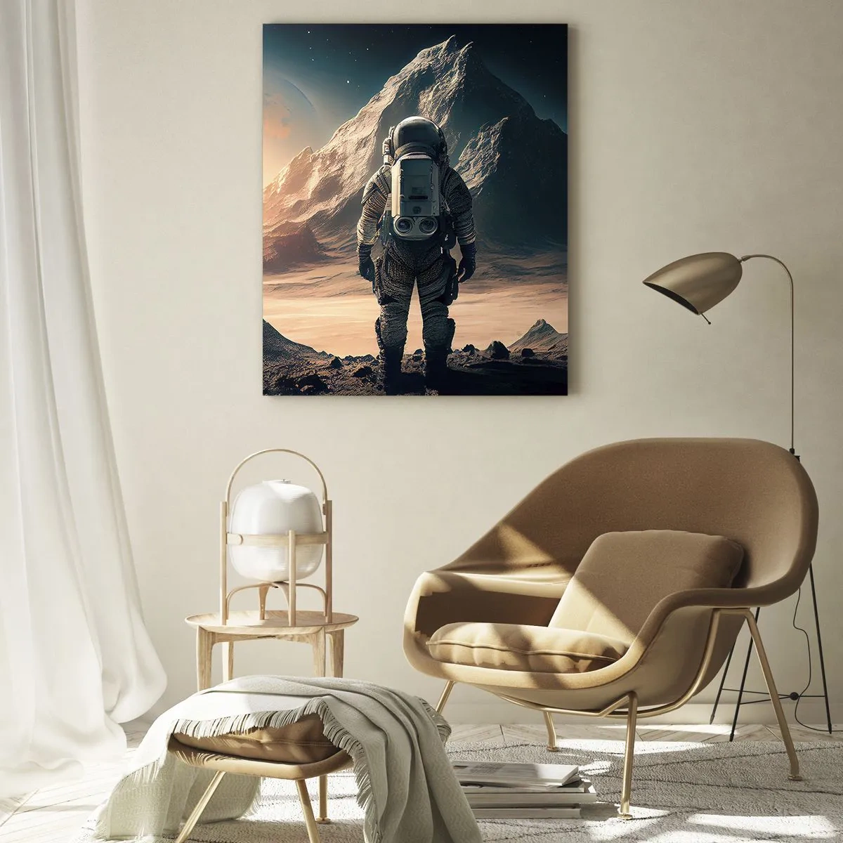 Quadro su vetro - Astronauta su un pianeta alieno con un paesaggio montuoso - 50x70cm - Nuova sfida - Decorazione murale moderna per soggiorno e camera da letto ARTTOR
