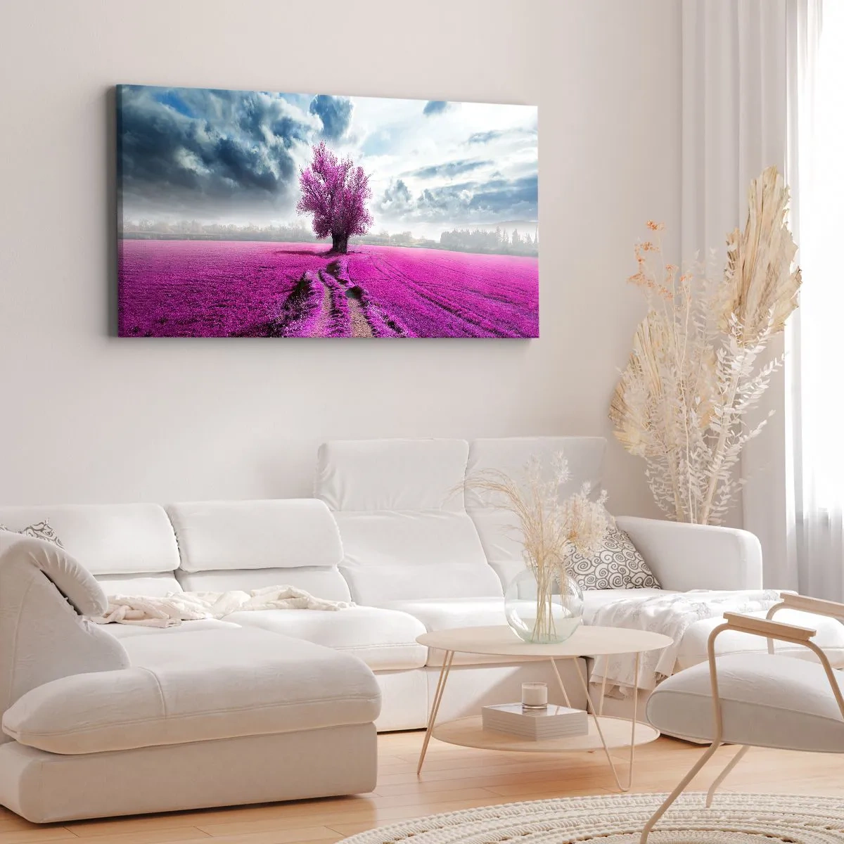 Quadro su tela - Stampe su Tela - Un albero solitario in un campo in una tonalità di rosa intenso - 140x50cm - Brughiera selvatica - Decorazione murale moderna per soggiorno e camera da letto ARTTOR