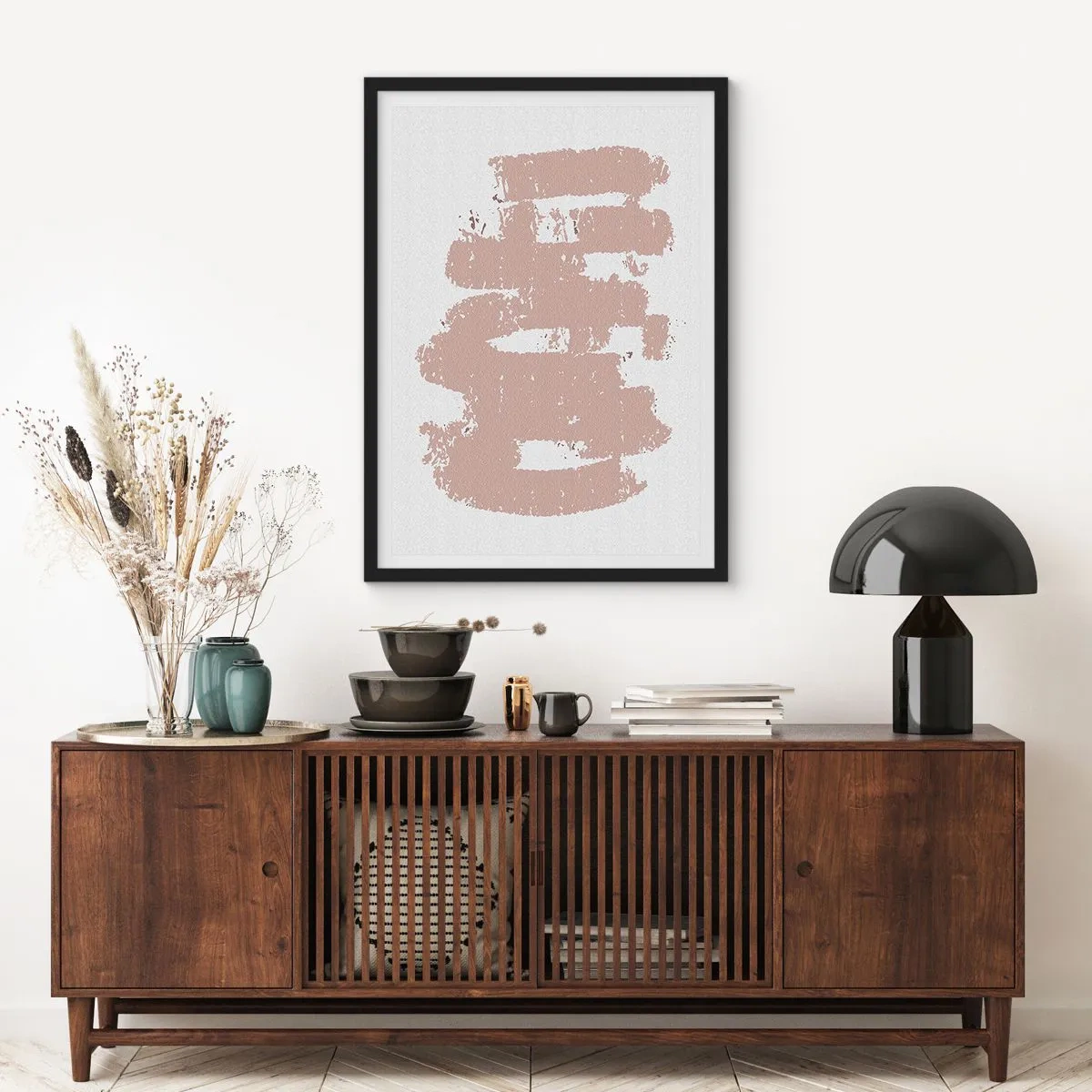 Poster in cornice nera - Una composizione minimalista nei toni del beige - 50x70cm - Astrazione in un rosa mite - Decorazione murale moderna per soggiorno e camera da letto ARTTOR