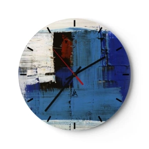 Orologio da parete - Orologio in Vetro - Astrazione moderna con dominante blu e accenti di rosso. - 30x30cm - I segreti del blu - Decorazione murale moderna per soggiorno, cucina e camera da letto ARTTOR