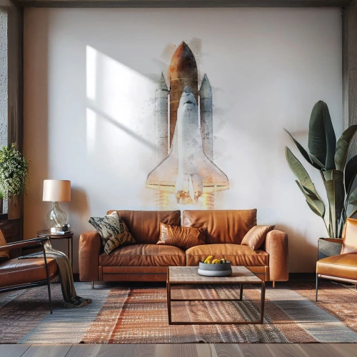 Fotomurali Premium Canvas - Un'interpretazione artistica ad acquerello di uno space shuttle in decollo - 100x70cm - La partenza degli esploratori - Decorazione murale moderna per soggiorno e camera da letto ARTTOR