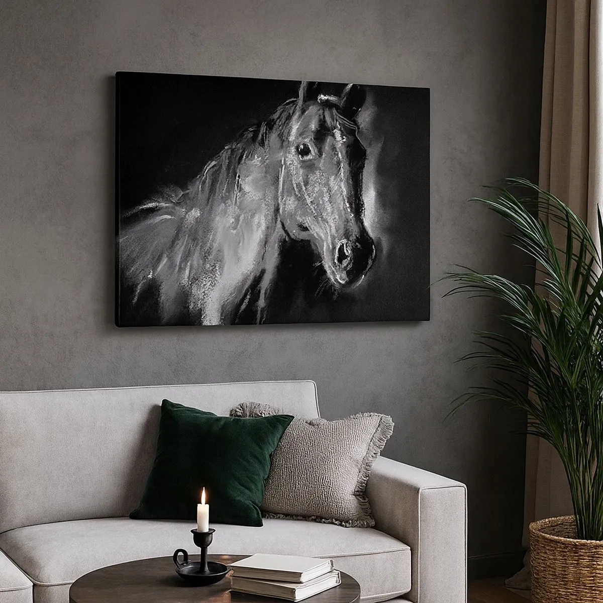 Quadro su tela - Stampe su Tela - Ritratto di un cavallo in uno stile dinamico in bianco e nero - 70x50cm - Splendore di un'anima nobile - Decorazione murale moderna per soggiorno e camera da letto ARTTOR