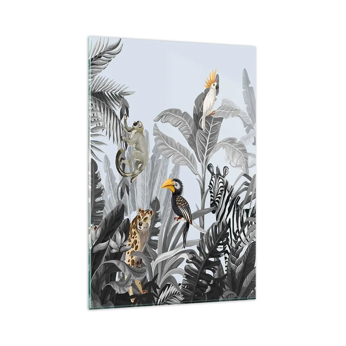 Quadro su vetro - Giungla tropicale con animali esotici su sfondo grigio - 80x120cm - Favola africana - Decorazione murale moderna per soggiorno e camera da letto ARTTOR