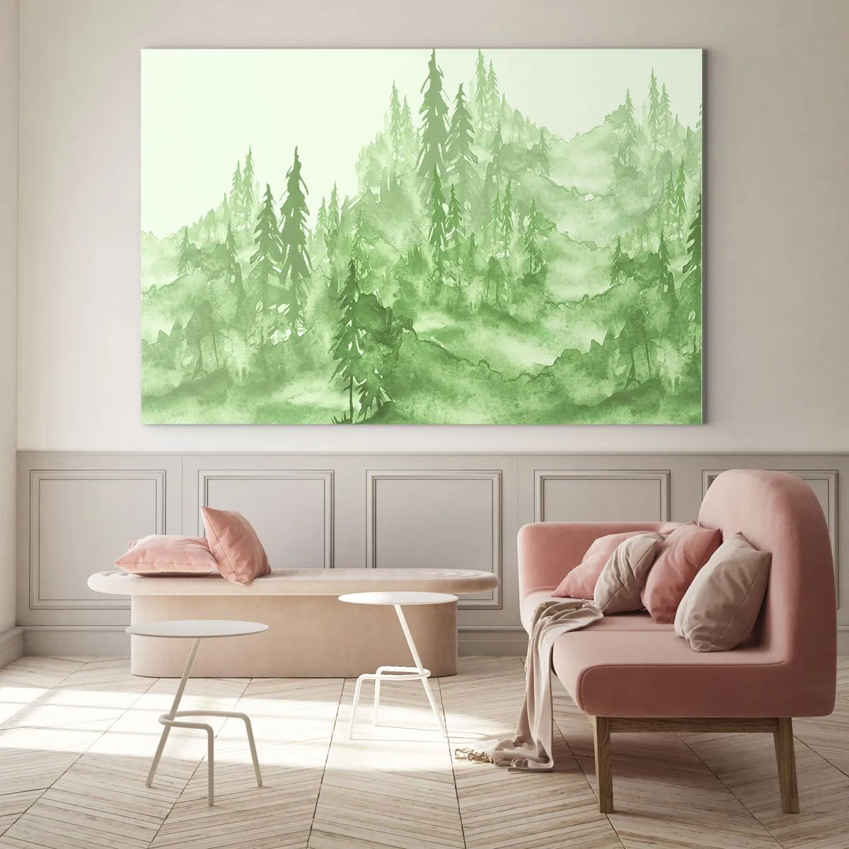 Quadro su vetro - Foresta verde in stile acquerello - 100x70cm - Sfocato da una nebbia verde - Decorazione murale moderna per soggiorno e camera da letto ARTTOR