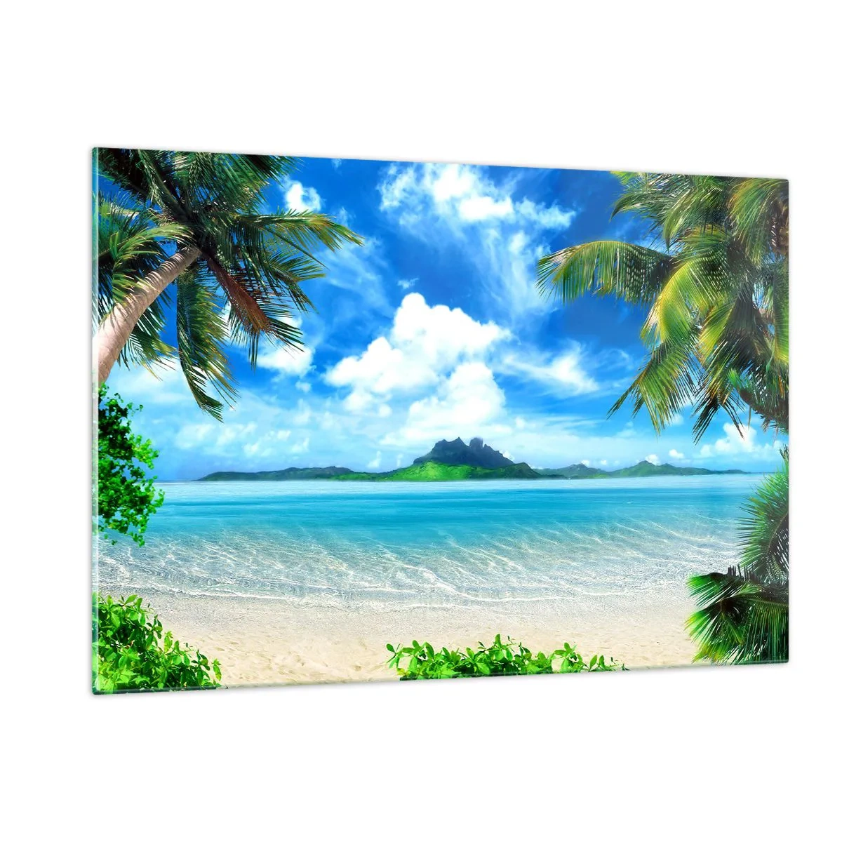Quadro su vetro - Una spiaggia tropicale con palme e vista su un'isola montuosa - 120x80cm - L'azzurro dei tropici - Decorazione murale moderna per soggiorno e camera da letto ARTTOR