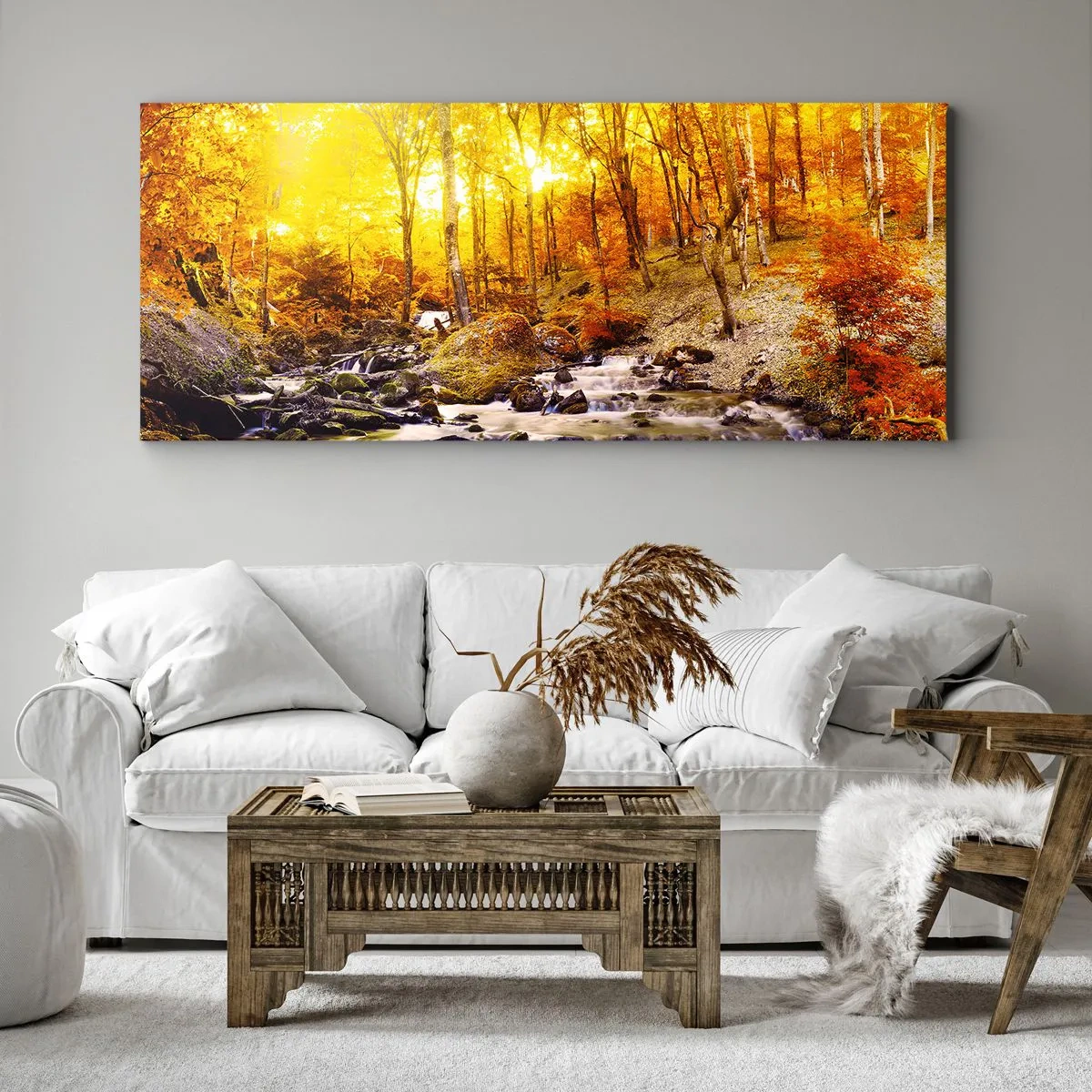 Quadro su tela - Stampe su Tela - Foresta autunnale con ruscello tra foglie dorate - 160x50cm - Pietre incorniciate in oro e platino - Decorazione murale moderna per soggiorno e camera da letto ARTTOR