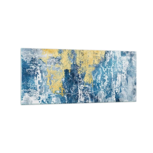 Quadro su vetro - Astrazione nei toni del blu e del giallo - 120x50cm - Astrazione piena di ottimismo - Decorazione murale moderna per soggiorno e camera da letto ARTTOR