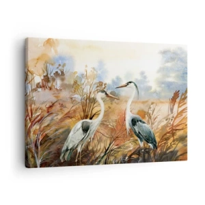 Quadro su tela - Stampe su Tela - Due aironi sullo sfondo di un paesaggio autunnale - 70x50cm - Dove in autunno? - Decorazione murale moderna per soggiorno e camera da letto ARTTOR