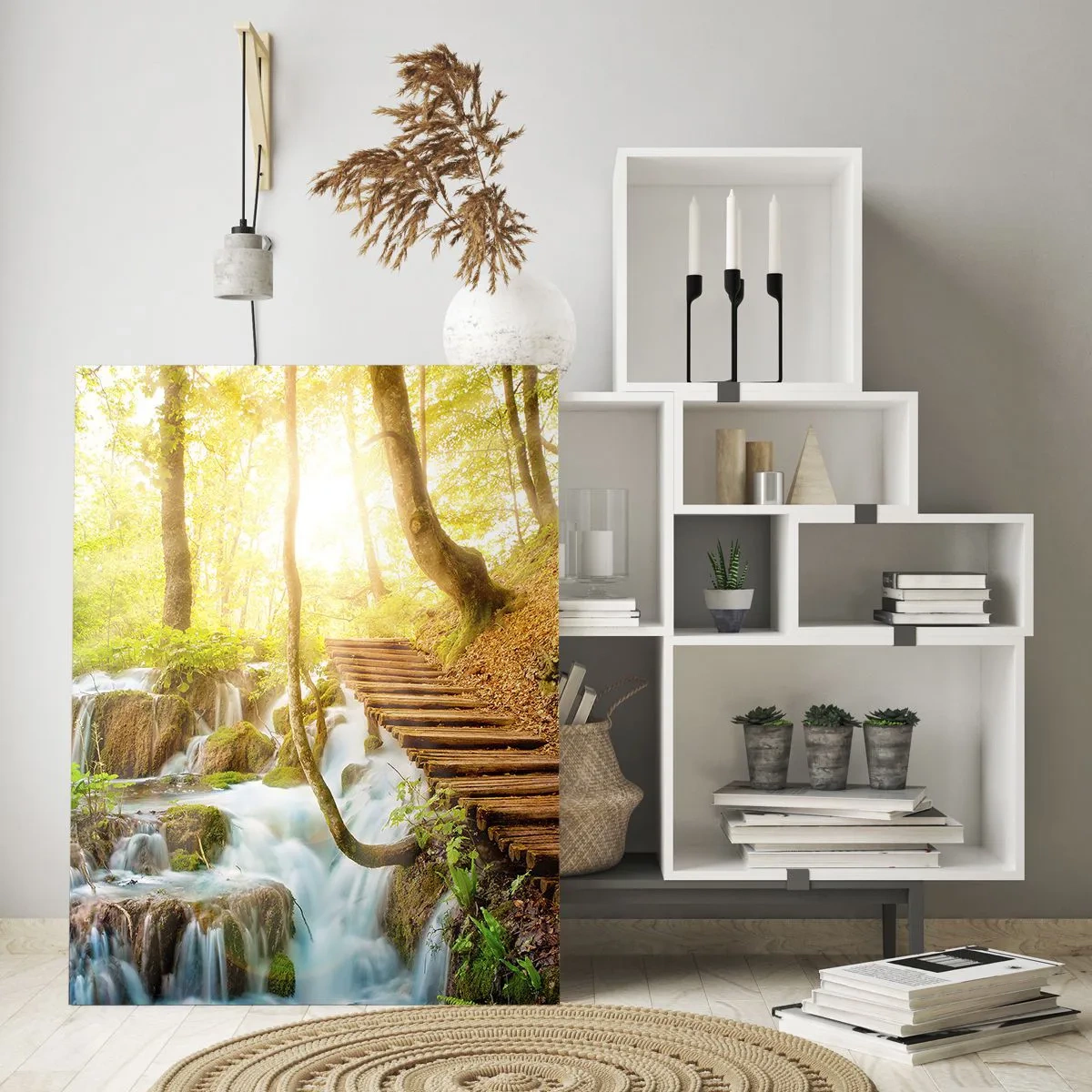 Quadro su vetro - Sentiero nel bosco con scale in legno vicino alla cascata - 80x120cm - Bramata freschezza - Decorazione murale moderna per soggiorno e camera da letto ARTTOR