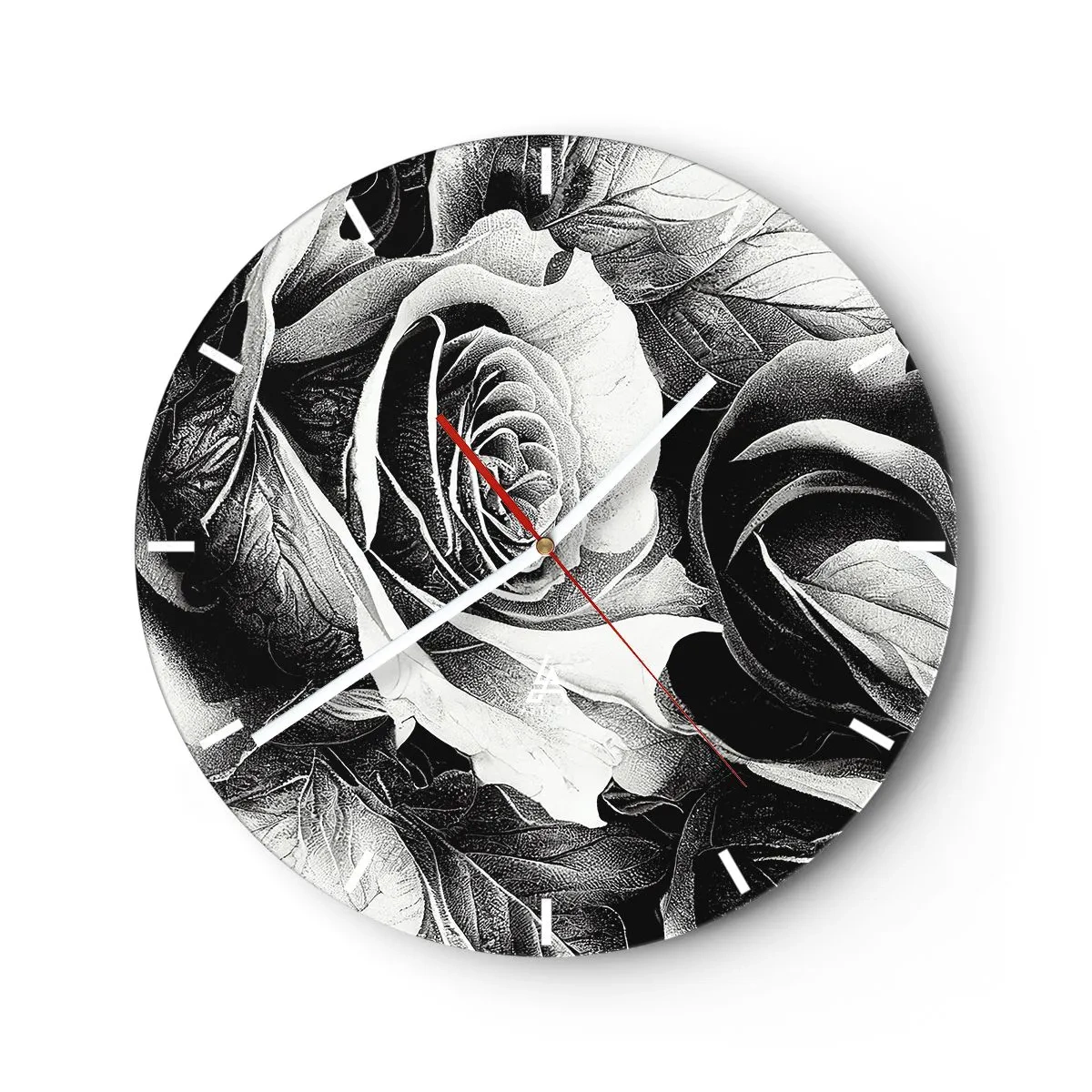 Orologio da parete - Orologio in Vetro - Illustrazione di una rosa bianca e nera in uno stile di disegno classico - 30x30cm - Sempre regina - Decorazione murale moderna per soggiorno, cucina e camera da letto ARTTOR