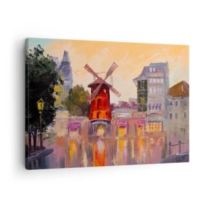 Quadro su tela - Stampe su Tela - Il mulino a vento rosso del Moulin Rouge circondato dal paesaggio urbano - 70x50cm - Le icone di Parigi: il Moulin Rouge - Decorazione murale moderna per soggiorno e camera da letto ARTTOR