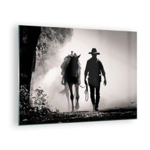 Quadro su vetro - Sagoma di un cowboy che conduce un cavallo attraverso un paesaggio nebbioso - 70x50cm - Mattino texano - Decorazione murale moderna per soggiorno e camera da letto ARTTOR