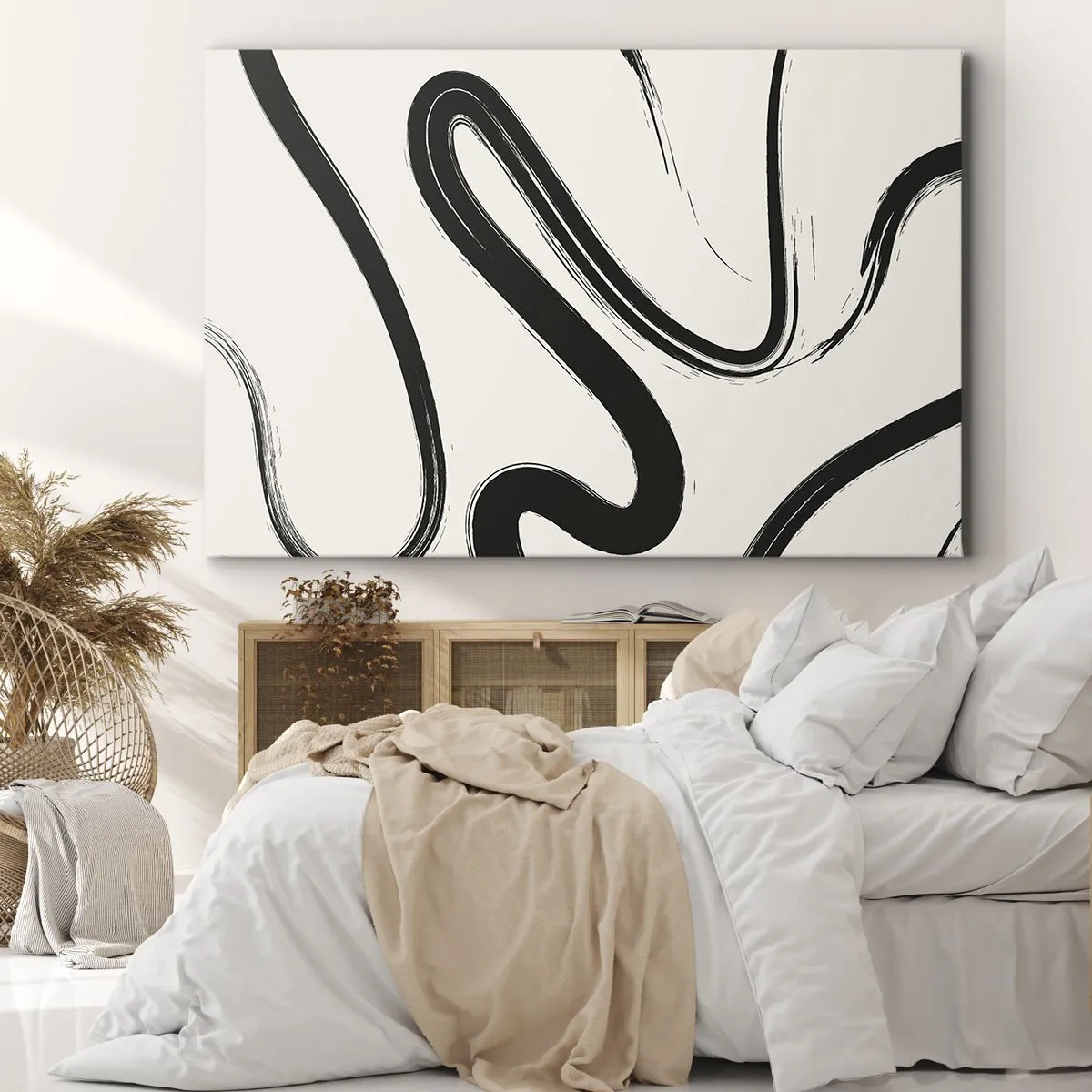 Quadro su tela - Stampe su Tela - Linee curve in bianco e nero su uno sfondo chiaro - 70x50cm - Capriccio bianco e nero - Decorazione murale moderna per soggiorno e camera da letto ARTTOR