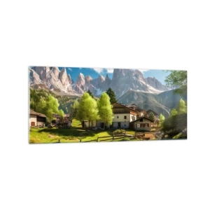 Quadro su vetro - Un villaggio di montagna con case e vista sulle Alpi - 120x50cm - Idillio alpino - Decorazione murale moderna per soggiorno e camera da letto ARTTOR
