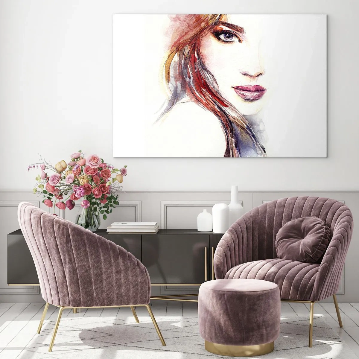Quadro su vetro - Illustrazione di un ritratto ad acquerello di una donna - 100x70cm - Vademecum: seguimi - Decorazione murale moderna per soggiorno e camera da letto ARTTOR