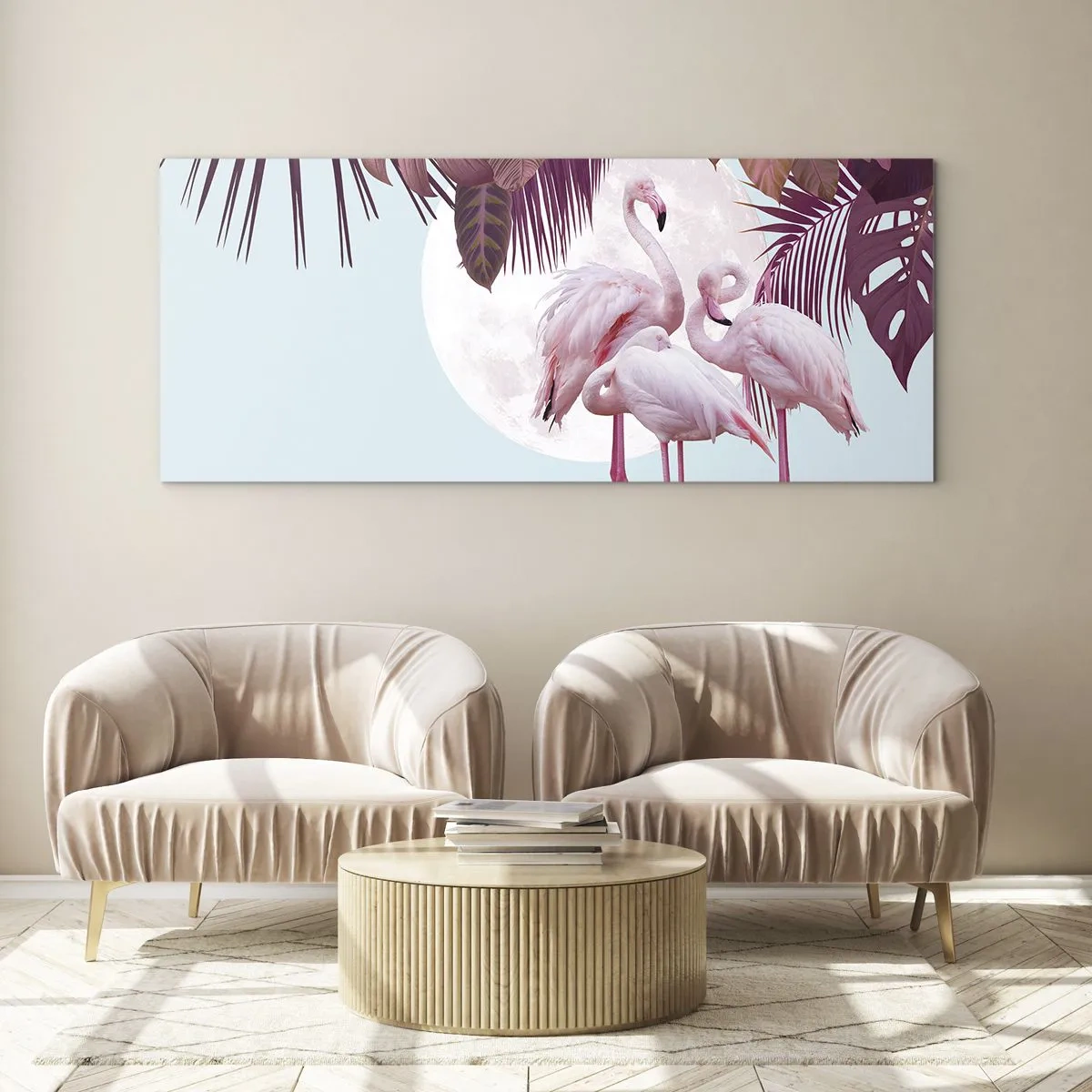 Quadro su vetro - Fenicotteri rosa sullo sfondo della luna e delle foglie tropicali - 140x50cm - Tre grazie alate - Decorazione murale moderna per soggiorno e camera da letto ARTTOR