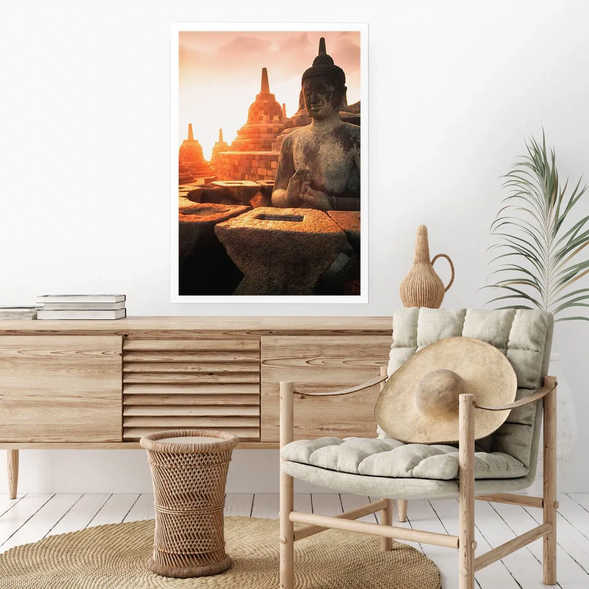Poster - Statua del Buddha con templi sullo sfondo al tramonto - 50x70cm - La pagoda della grande saggezza - Decorazione murale moderna per soggiorno e camera da letto ARTTOR