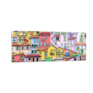 Quadro su vetro - Case popolari colorate in uno stile vivace e allegro - 140x50cm - Città allegra - Decorazione murale moderna per soggiorno e camera da letto ARTTOR