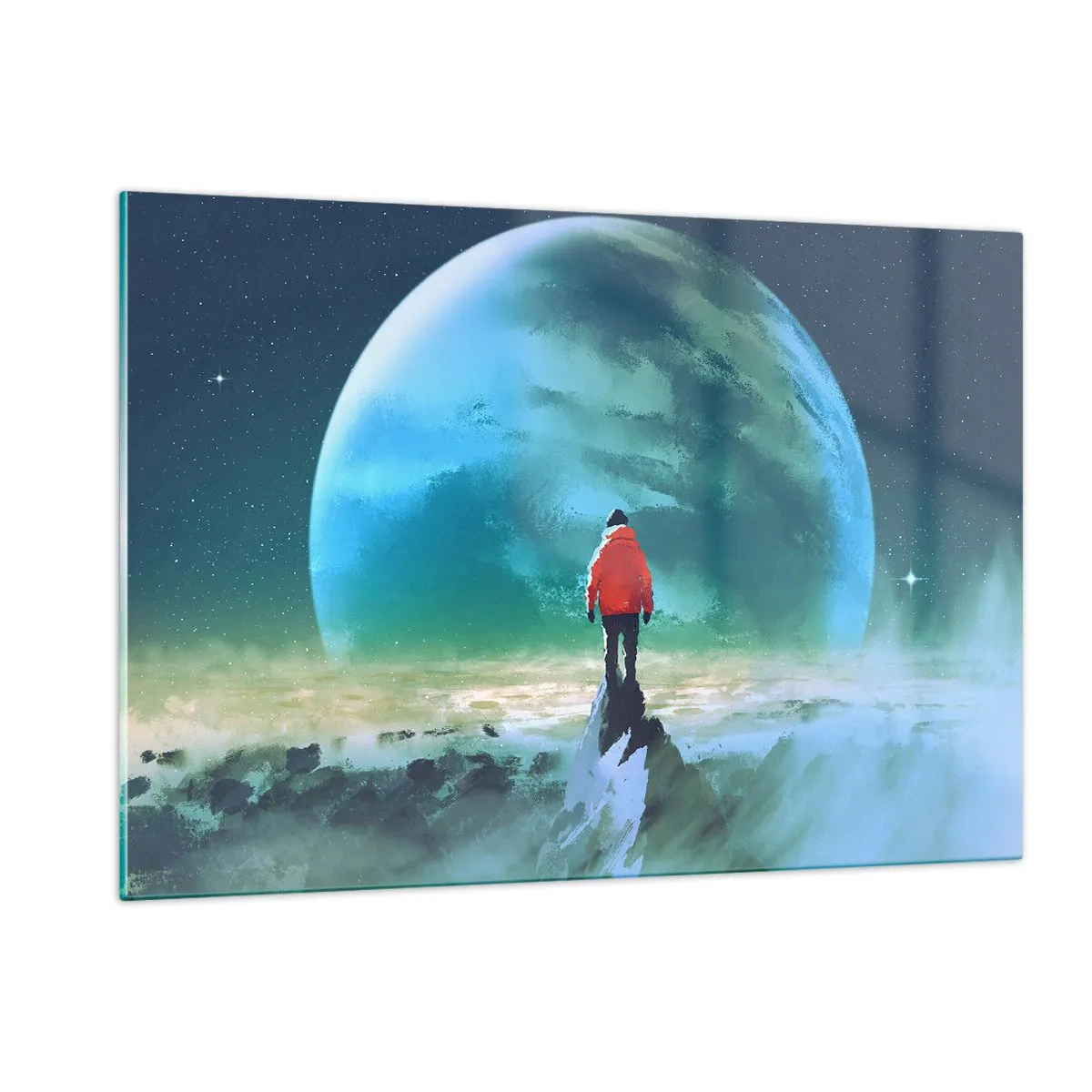 Quadro su vetro - Una figura con una giacca rossa sullo sfondo di un enorme pianeta e stelle - 120x80cm - Scopritore di una nuova terra - Decorazione murale moderna per soggiorno e camera da letto ARTTOR