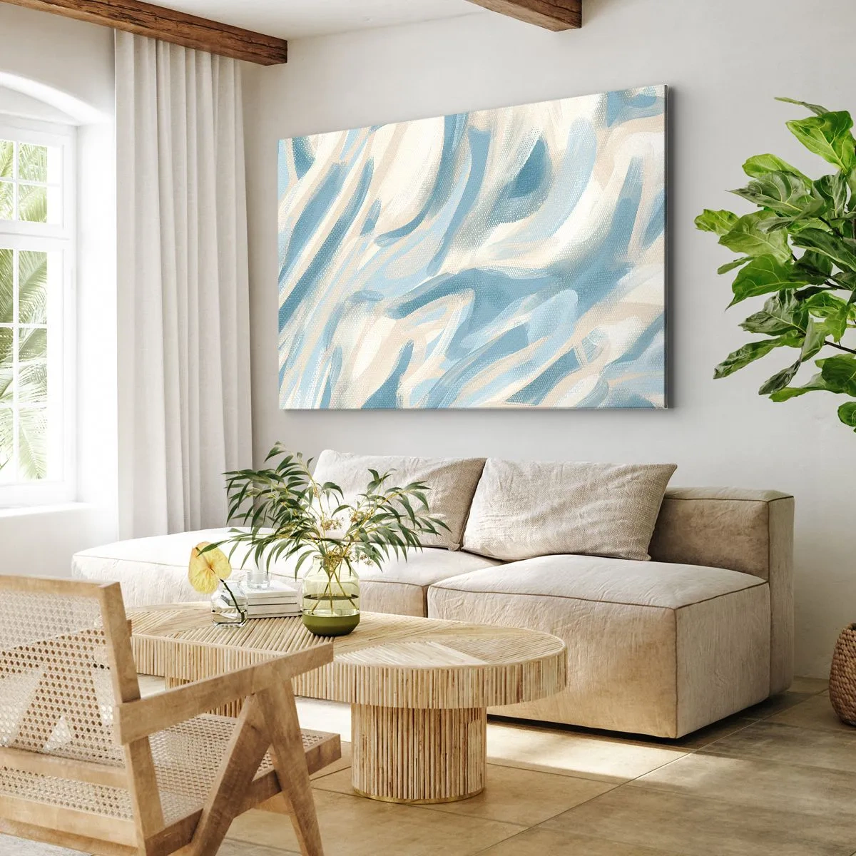 Quadro su tela - Stampe su Tela - Striature blu astratte su uno sfondo chiaro - 100x70cm - Brezze primaverili - Decorazione murale moderna per soggiorno e camera da letto ARTTOR