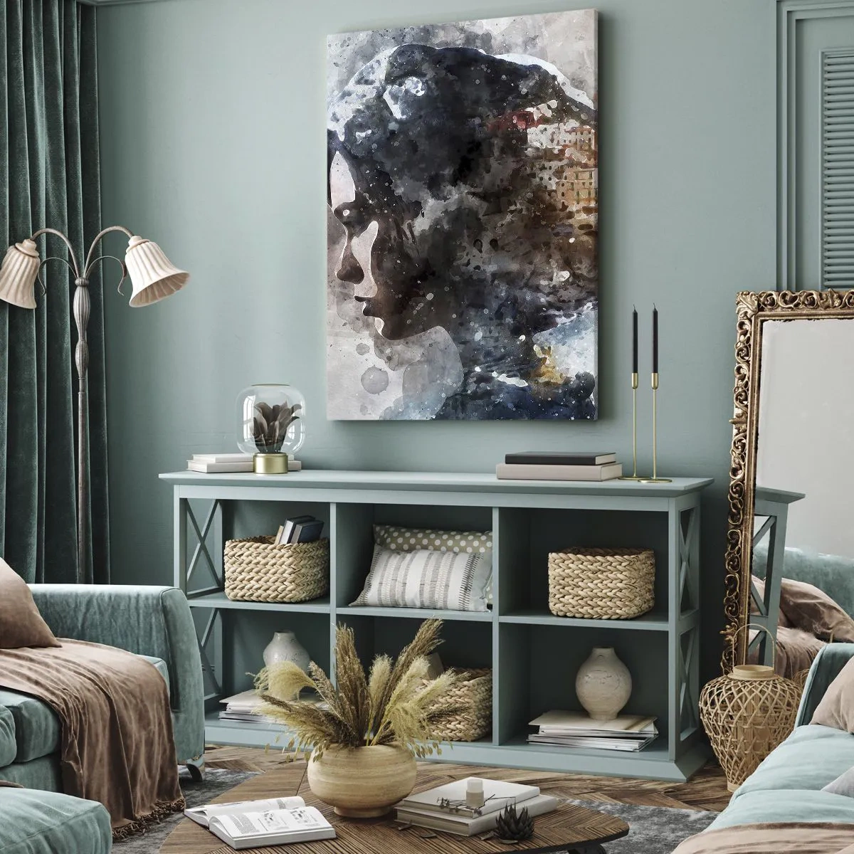 Quadro su tela - Stampe su Tela - Ritratto di una donna che combina il suo viso con un paesaggio urbano sullo sfondo - 80x120cm - Racconto su una ragazza con città sullo sfondo - Decorazione murale moderna per soggiorno e camera da letto ARTTOR