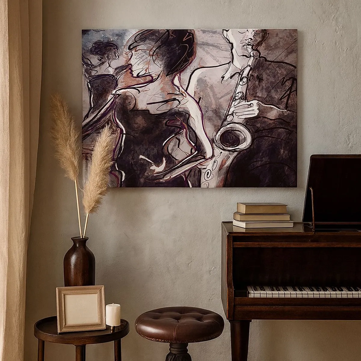 Quadro su tela - Stampe su Tela - Scena jazz astratta con un sassofonista e una donna che balla. - 70x50cm - Sciogliersi nella musica - Decorazione murale moderna per soggiorno e camera da letto ARTTOR