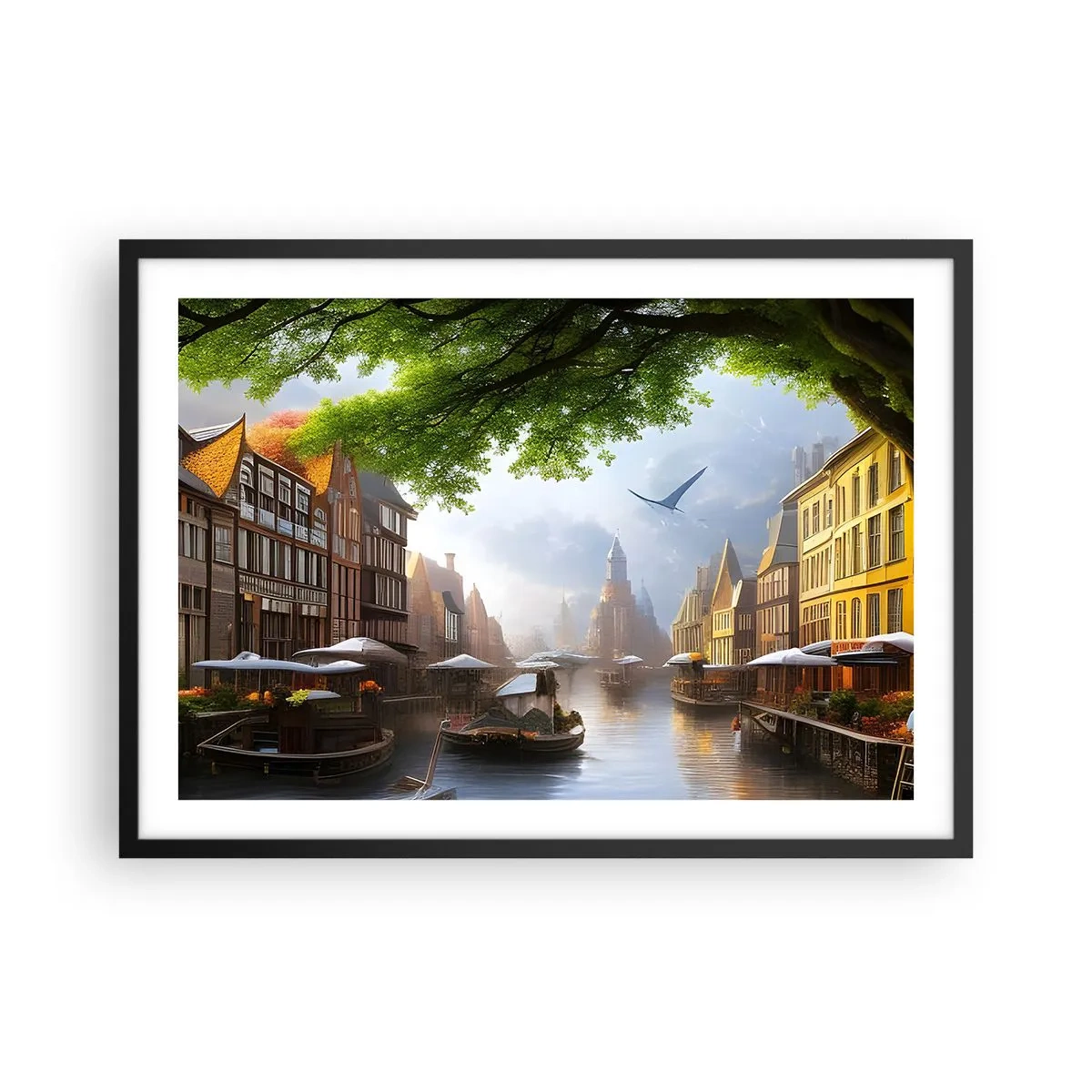 Poster in cornice nera - Un pittoresco paesaggio olandese con un canale e case popolari - 70x50cm - Paesaggio urbano olandese - Decorazione murale moderna per soggiorno e camera da letto ARTTOR