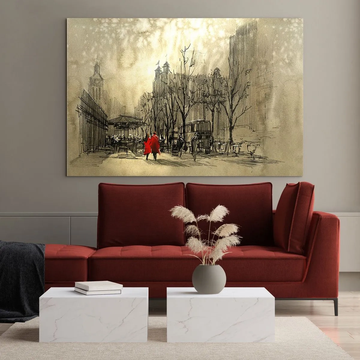Quadro su vetro - Un appuntamento nella nebbia londinese con un tocco di cappotto rosso - 120x80cm - Appuntamento nella nebbia di Londra - Decorazione murale moderna per soggiorno e camera da letto ARTTOR