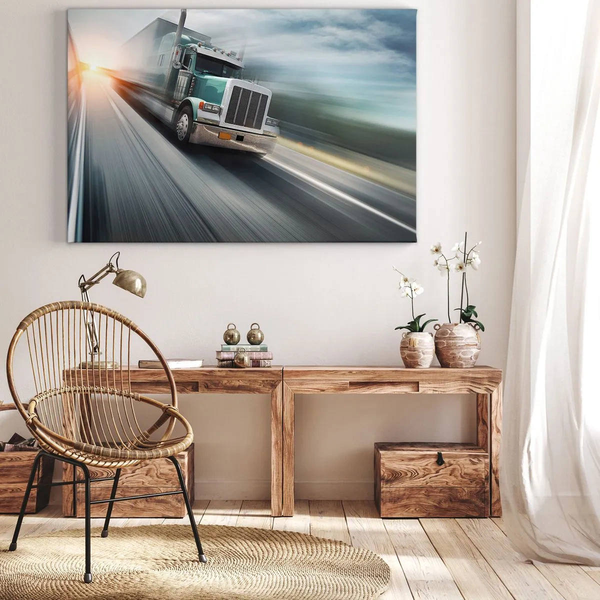 Quadro su tela - Stampe su Tela - Un camion in autostrada in movimento al tramonto - 120x80cm - Gigante americano in corsa - Decorazione murale moderna per soggiorno e camera da letto ARTTOR