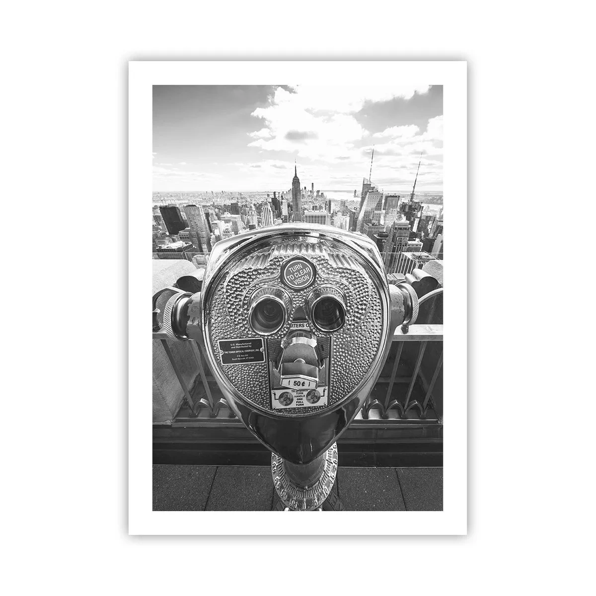 Poster - Una vista monocromatica di New York City con un binocolo in primo piano. - 50x70cm - Il centro del mondo - Decorazione murale moderna per soggiorno e camera da letto ARTTOR