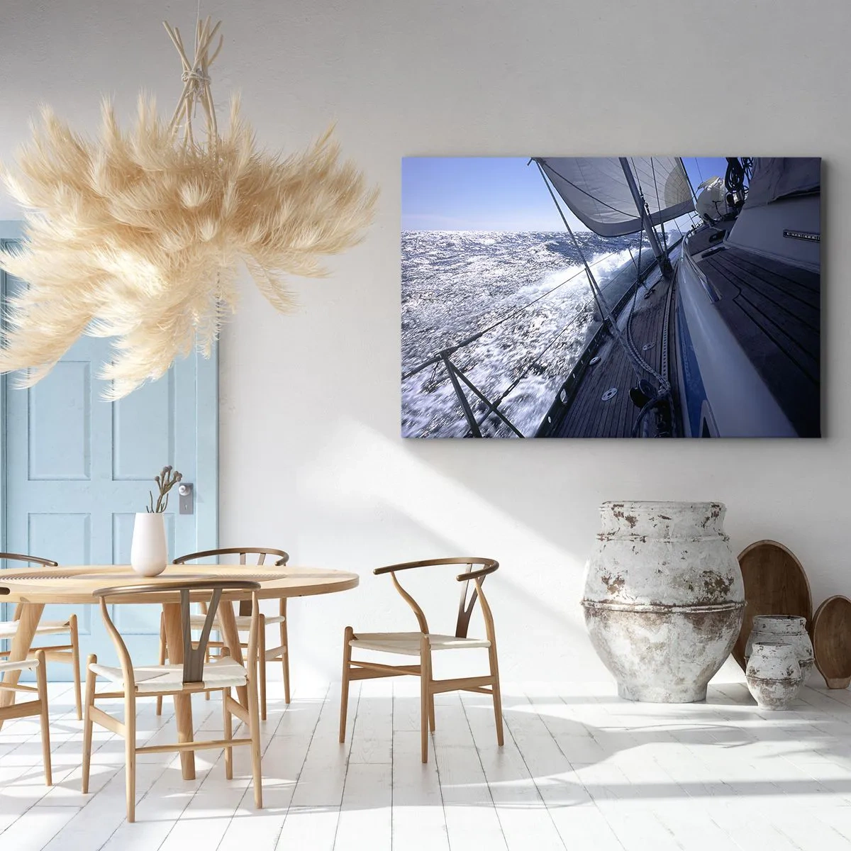 Quadro su tela - Stampe su Tela - Una barca a vela in un mare in tempesta con vele bianche e un ponte di legno. - 100x70cm - So cosa vuol dire volare - Decorazione murale moderna per soggiorno e camera da letto ARTTOR