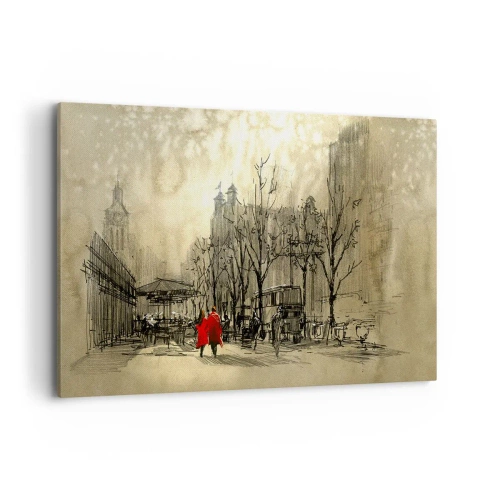 Quadro su tela - Stampe su Tela - Una figura rossa in un nostalgico contesto urbano - 120x80cm - Appuntamento nella nebbia di Londra - Decorazione murale moderna per soggiorno e camera da letto ARTTOR