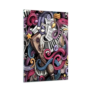Quadro su vetro - Un'astrazione musicale piena di strumenti colorati e note. - 80x120cm - Melodia complicata - Decorazione murale moderna per soggiorno e camera da letto ARTTOR