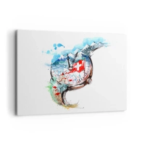 Quadro su tela - Stampe su Tela - Un paesaggio ad acquerello della Svizzera in un design a orologeria - 100x70cm - Lo spirito della Svizzera - Decorazione murale moderna per soggiorno e camera da letto ARTTOR