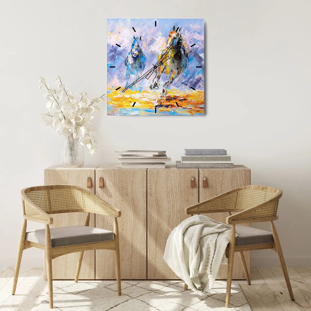 Orologio da parete - Orologio in Vetro - Due cavalli in movimento sullo sfondo di un paesaggio astratto - 30x30cm - Al galoppo nella luce - Decorazione murale moderna per soggiorno e camera da letto ARTTOR